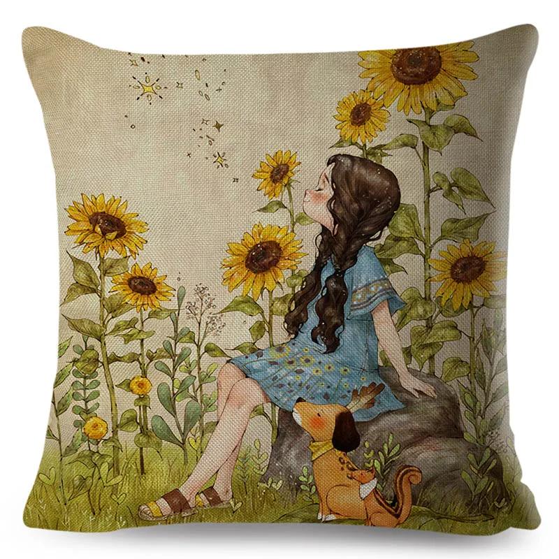 Colorful Cute Cartoon Girl and Pet Dog Fairy Tale World Pillowcase Decor for Sofa Home Pillow Case Polyester Cushion Cover