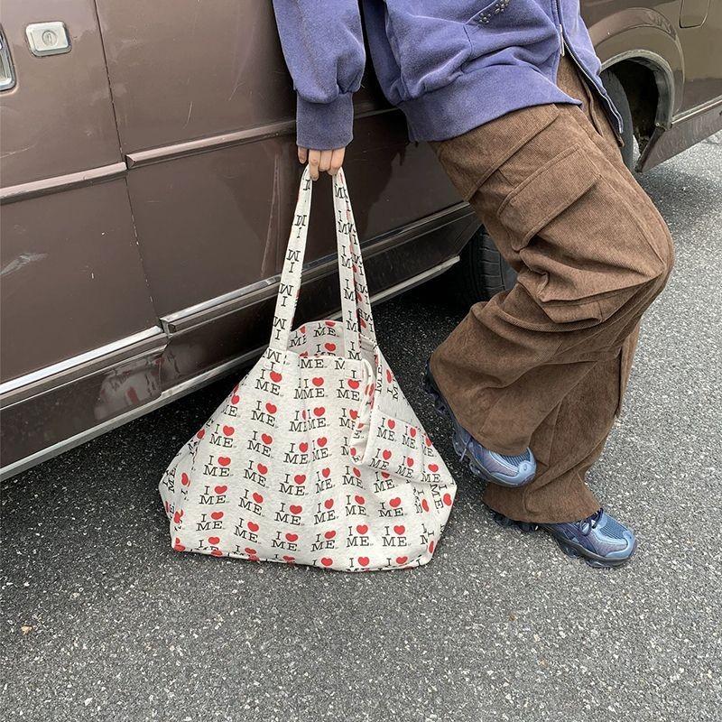 Korean Letter Heart Print Tote Bag Women Large Capacity Canvas Shoulder Bag Ladies Lightweight Versatile Everyday Casual Handbag