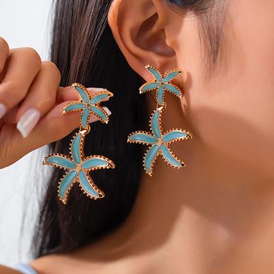 Accessories, Blue Oil-dripping Flower Fringed Earrings, Niche Personalized Design Sense, Five-leaf Flower Stud Earrings for Women