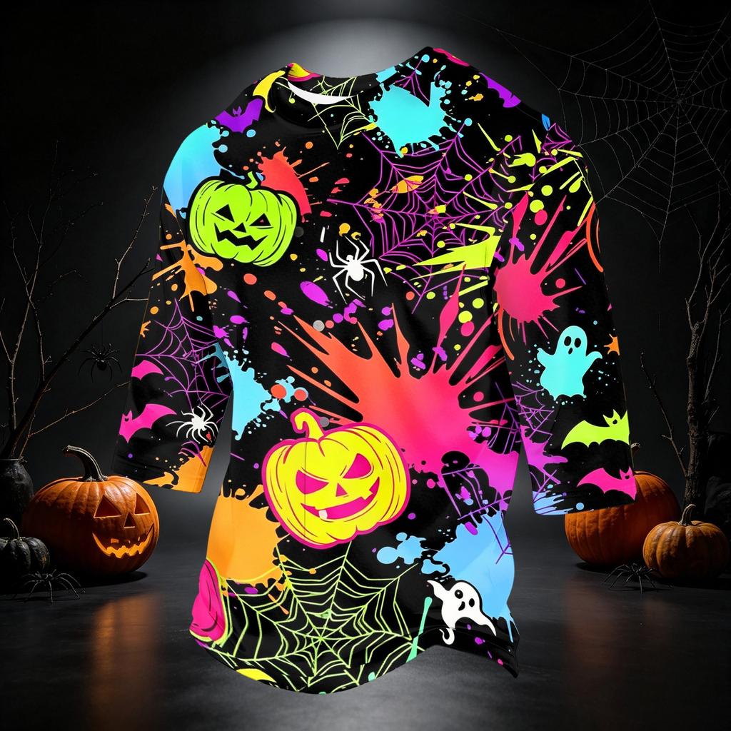 Men's Casual 3/4 Sleeve Round Neck T-Shirt with Halloween Print