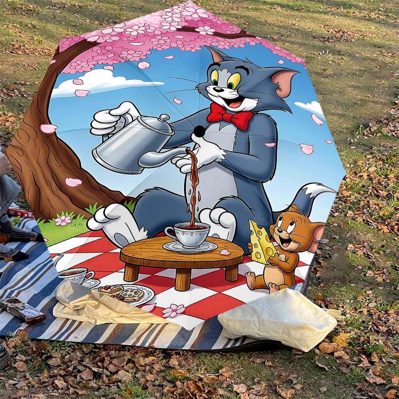 1pc Tom and Jerry Picnic Automatic Open/Close Umbrella Compact Folding Umbrella with 8-Rib Shaft Lightweight Esign, for Women/Men1155A