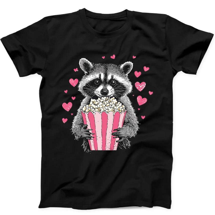 Raccoon Eating Popcorn Valentine Day Best Funny Gift Black Tee T Shirt 318