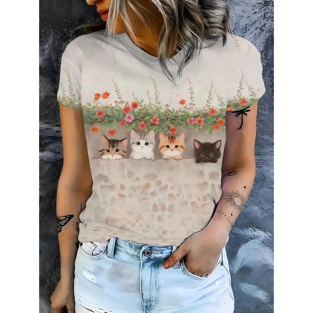 Women's round neck T-shirt Summer casual fashion short-sleeved top 3D cat print animal pattern Large Size Women's Clothing
