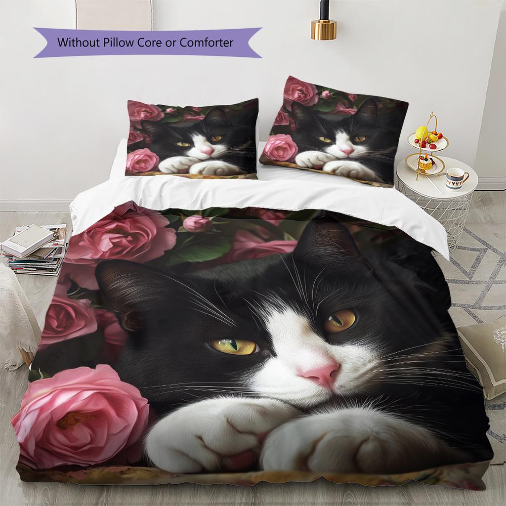 Cow Cat and flowers Pattern Bedding Home Decoration Birthday Gift (1 * duvet cover + 2 * pillowcase, without core)
