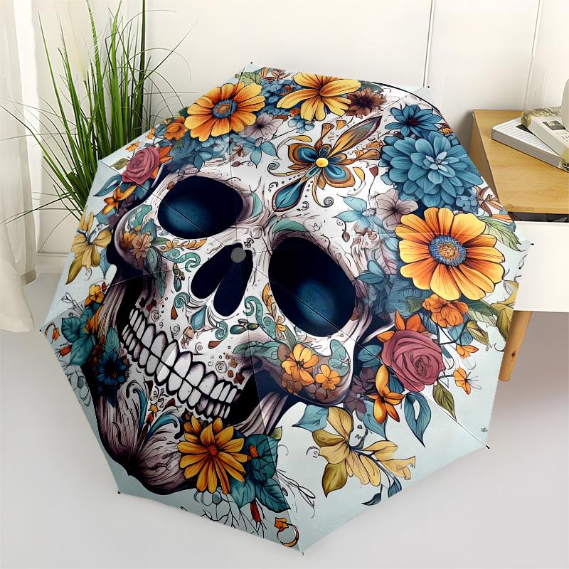 

1pc Day of the Dead Skull with Flowers Umbrella with Plastic Handle,Vibrant Cartoon Pattern,Multi-functional UmbrellaB1973