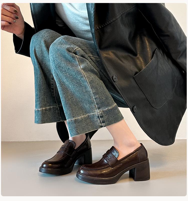 British Style Black Chunky Heel Loafers – Cowhide, Versatile, High Heel College Flats