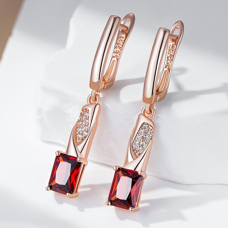 Shiny Square Red Natural Zircon Dangle Earrings For Women  Rose Gold Color High Quality Daily Fine Vintage Jewelry