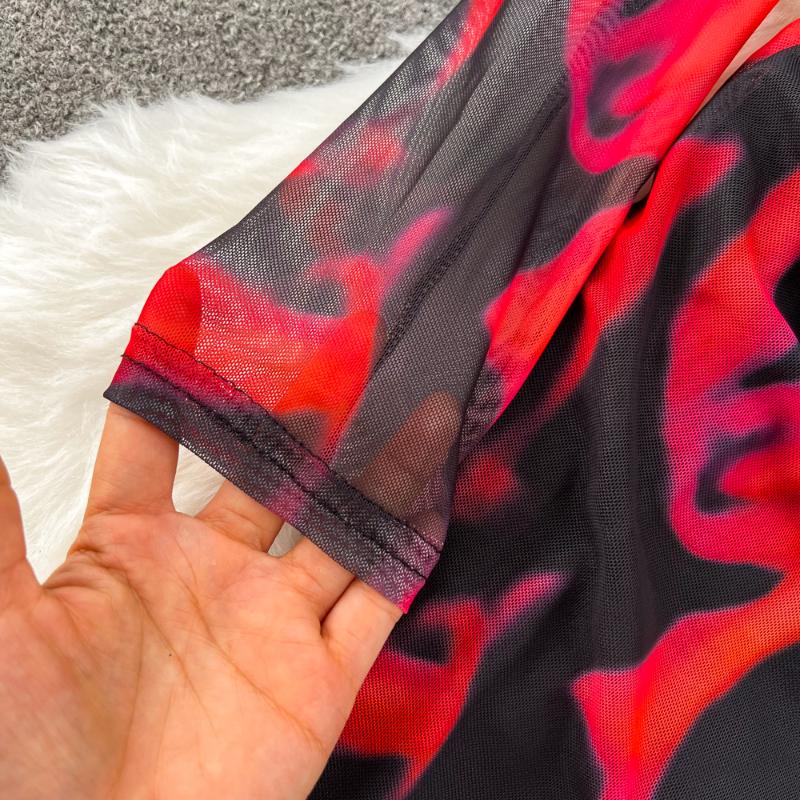 Sexy Tie-dye Printed V-Neck Long Sleeve Dress Women Chic Elegant Patchwork Vintage Midi Dresses Female Korean Fashion Casual One Piece Dress 2024