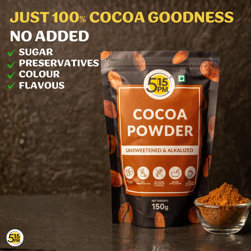 5:15 PM Pure Unsweetened Cocoa Powder 150g | Dark Alkalized Cocoa For Baking, Hot Chocolate & Milkshakes