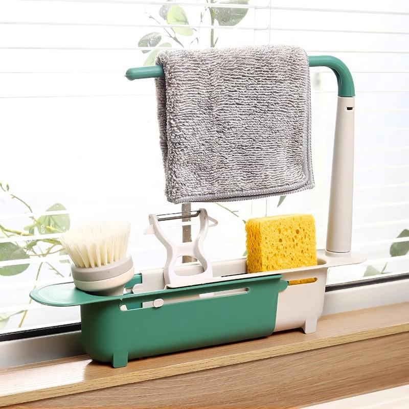 Telescopic Over Sink Organizer Rack Adjustable Kitchen Storage Tray for Soap Sponge Towel with Ventilated Design Drain Rack