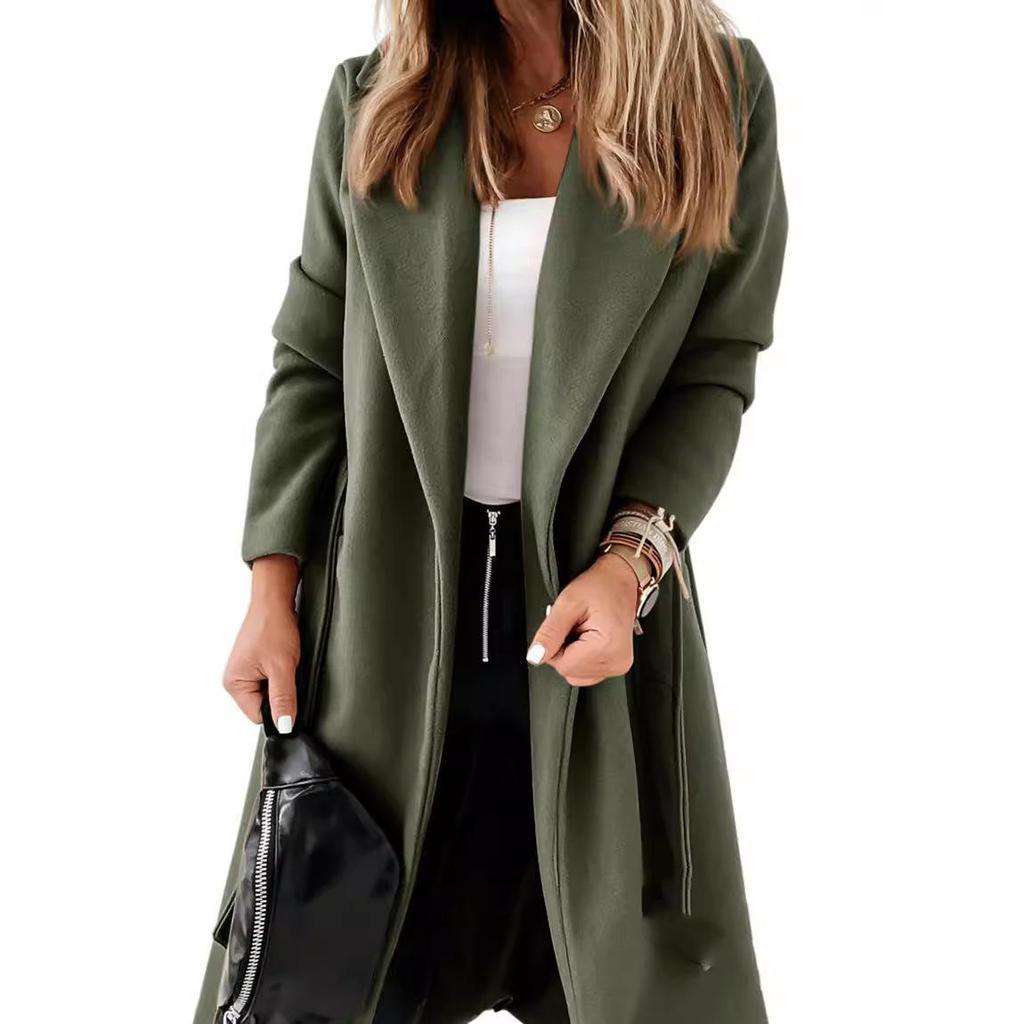 Women's Classic Coat Lapel Collar Open Front Belted Long Jacket Elegant Long Trench Coat – Belted Lapel Collar Overcoat