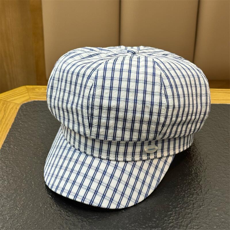 Spring Summer Vintage Stripe Octagonal Beret Hat Women Newsboy Cap Wide Brim Casual All-match Thin Sweet Hat