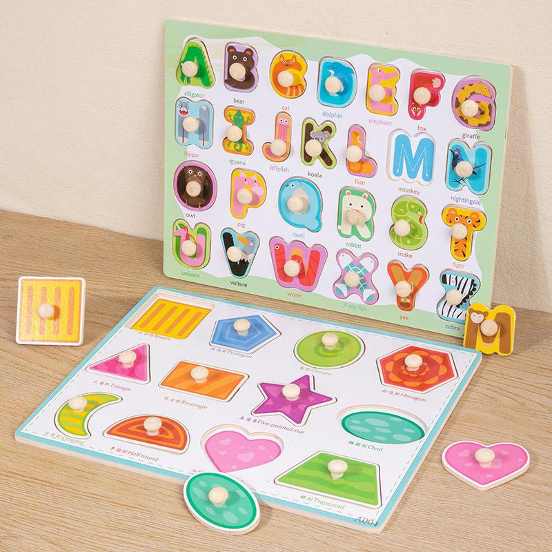 Non-Toxic Montessori Wooden Puzzles Hand Grab Boards Toys Tangram Jigsaw Baby Educational Toys Cartoon Vehicle Animals Fruits 3D Puzzles