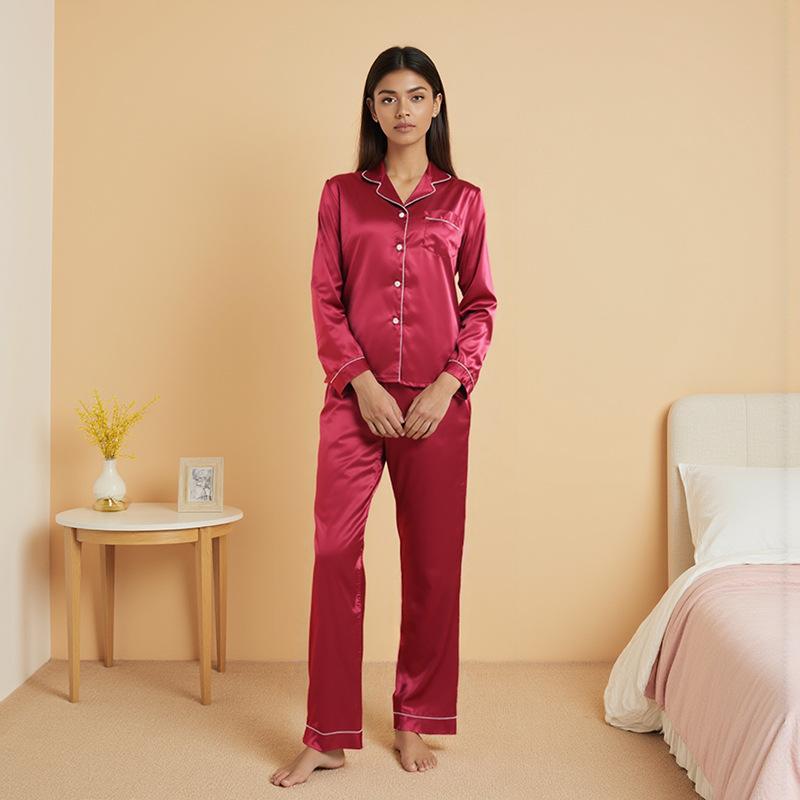 Large size satin satin pajamas women's spring and summer long-sleeved trousers thin silk casual home two-piece set