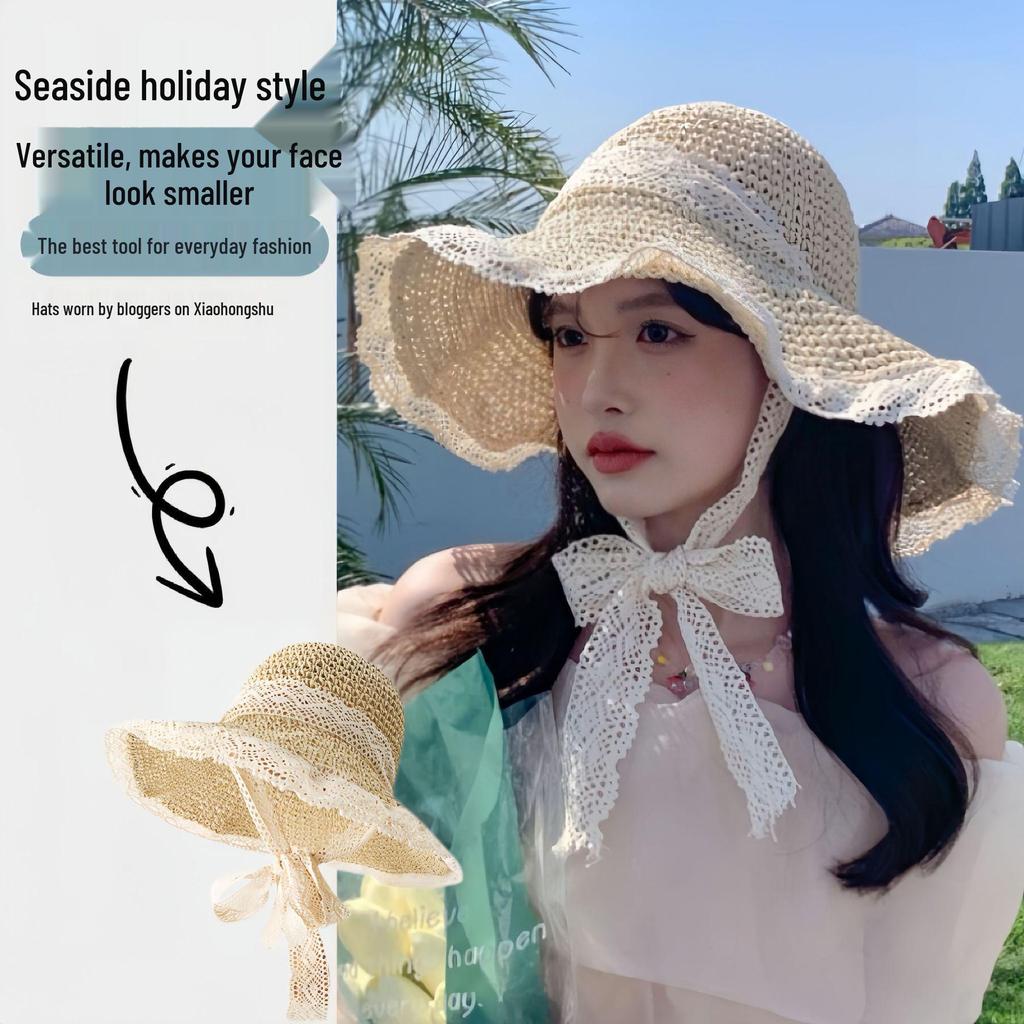 Cappello da sole da donna in paglia con tesa extra larga e bordo in pizzo traspirante per l'estate e la spiaggia