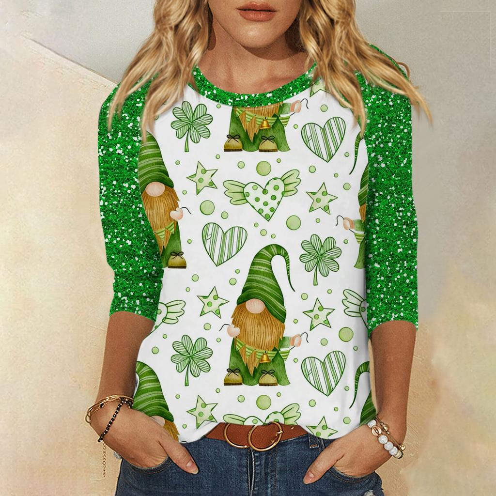 Frauen St. St. Patrick's Day Print Rundhals Dreiviertelarm Oberteil
