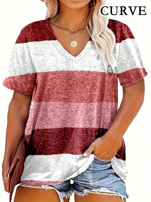 Plus Size 0XL-5XL Women's Fashion Striped Print V-Neck T-Shirt Casual Loose Short Sleeve Summer Tops