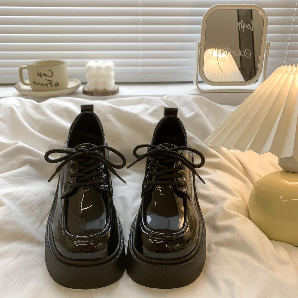 Women'S Platform High Heel Mary Jane Leather Shoes  Spring Autumn New Vintage British Height Increase Lace Up Loafers