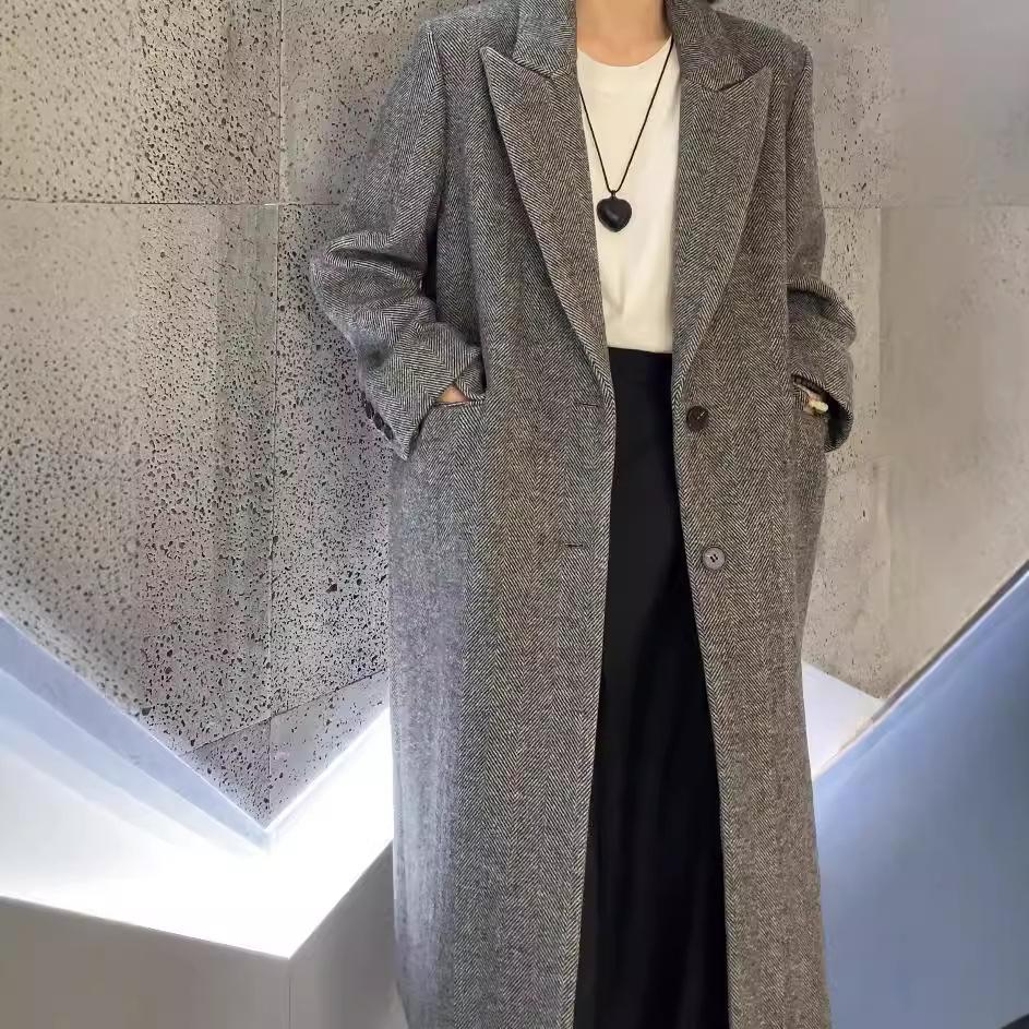 Daily commuter suit herringbone pattern wool coat thickened and thin autumn and winter new femininity gray