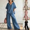 V Neck Short Sleeve Top and High Waist Wide Leg Pants Two Piece Set In Multi Colors