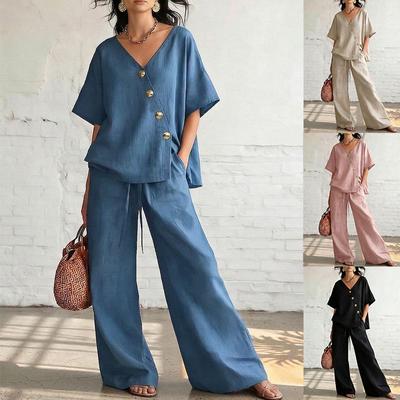V Neck Short Sleeve Top and High Waist Wide Leg Pants Two Piece Set In Multi Colors