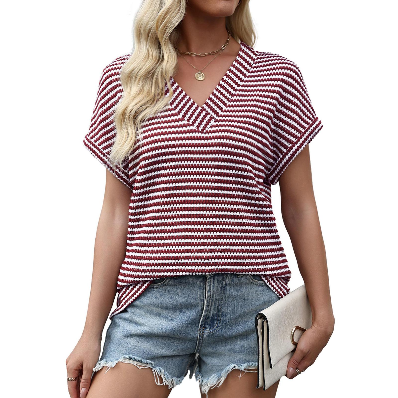 

Женская повседневная полосатая футболка с V-образным вырезом L винный