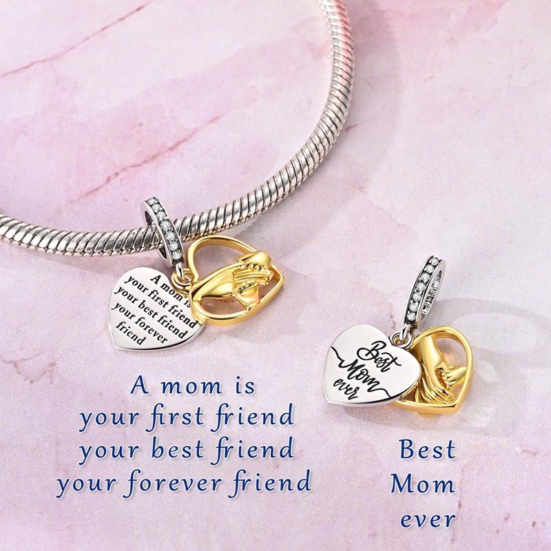 Original 925 Sterling Silver Charms Hold Hands with Mom Heart Engraving Pendant Fit Original Bracelet For Women DIY Jewelry Gift