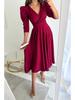 Autumn V-neck Waist-Cinching Bubble Sleeve Swing Dress