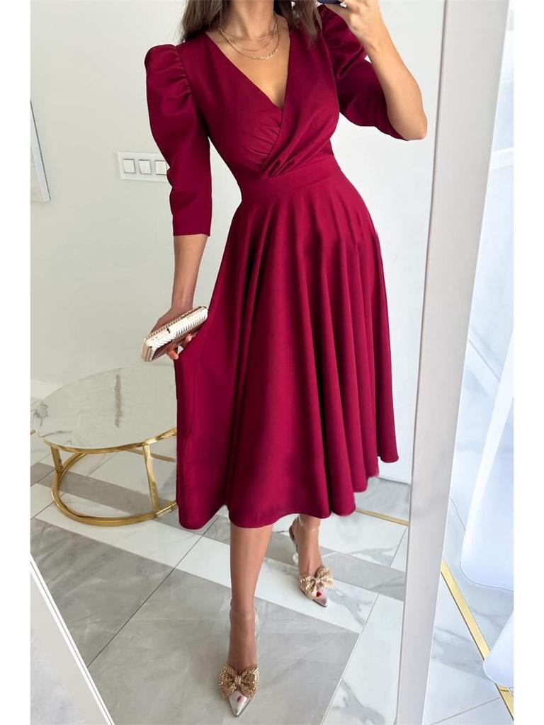 Autumn V-neck Waist-Cinching Bubble Sleeve Swing Dress