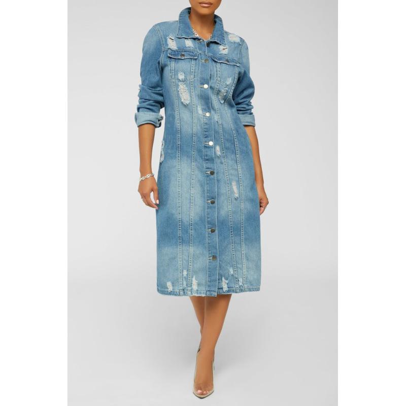 Cappotto Lungo da Donna in Denim con Revers e Maniche Lunghe Giacca di Jeans Strappata