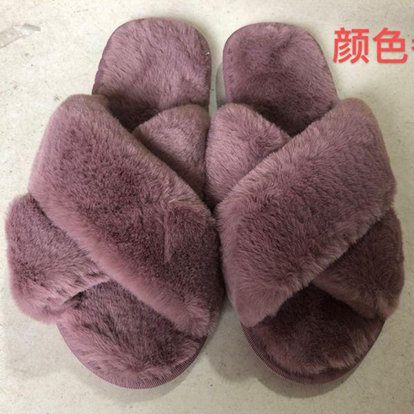 Fashion Women Winter House Furry Slippers 2025 New Design  Women Cross Fluffy Fur Home Slides Flat Indoor Floor Shoes Ladies Flip Flops