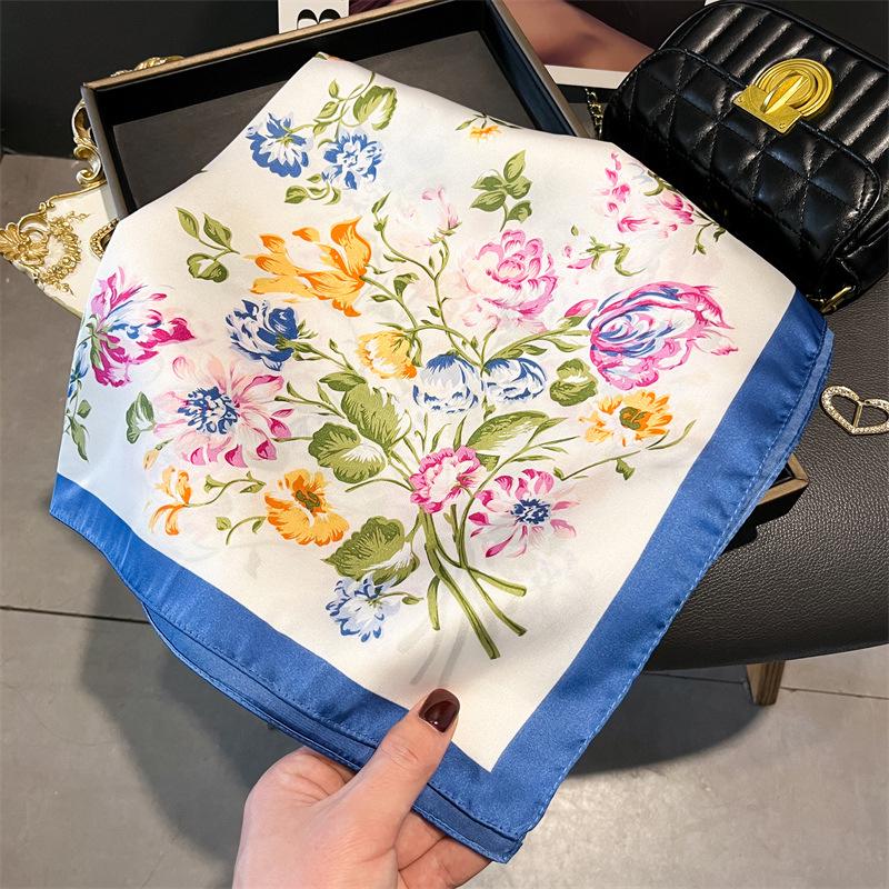 Elegant Spring Floral Silk-Blend Square Scarf - Headscarf & Neck Protection Neckerchief for Women