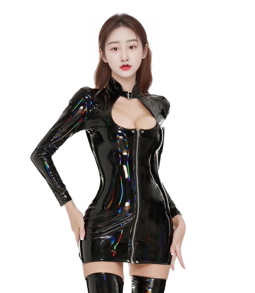 Sexy Women Pu Hollow Out Tight Pencil Dress Pvc Latex Faux Leather Shiny Micro Mini Dress Coslpay Maid Bodycon Dance Dress