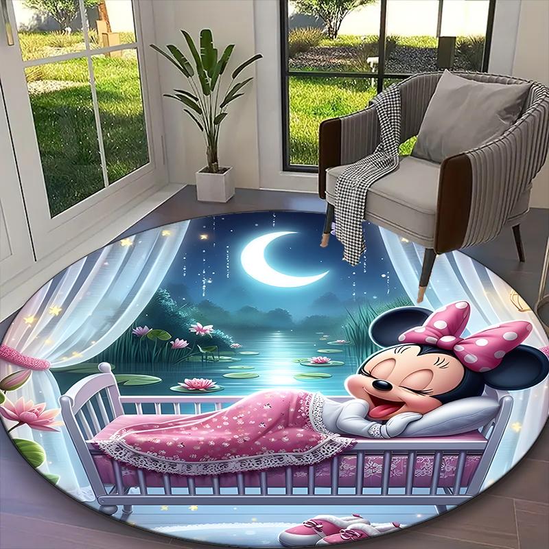 Mickey Mouse Moonlight Bedtime Floral Rug Ideal for Reading Room, Multi-purpose Office Chair Sofa Carpet, Anti-slip Printed Home Round Rug