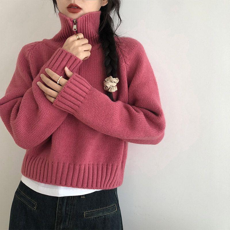Women's Short-Length Korean-Style Half-Zip High Neck Sweater Autumn Winter Loose Lazy-Style Thickened Knitted Top