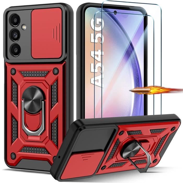 2 Verres Trempés + Coque pour Samsung Galaxy A54 5G Rouge - Protection Rigide Cache Caméra Anneau Arrière