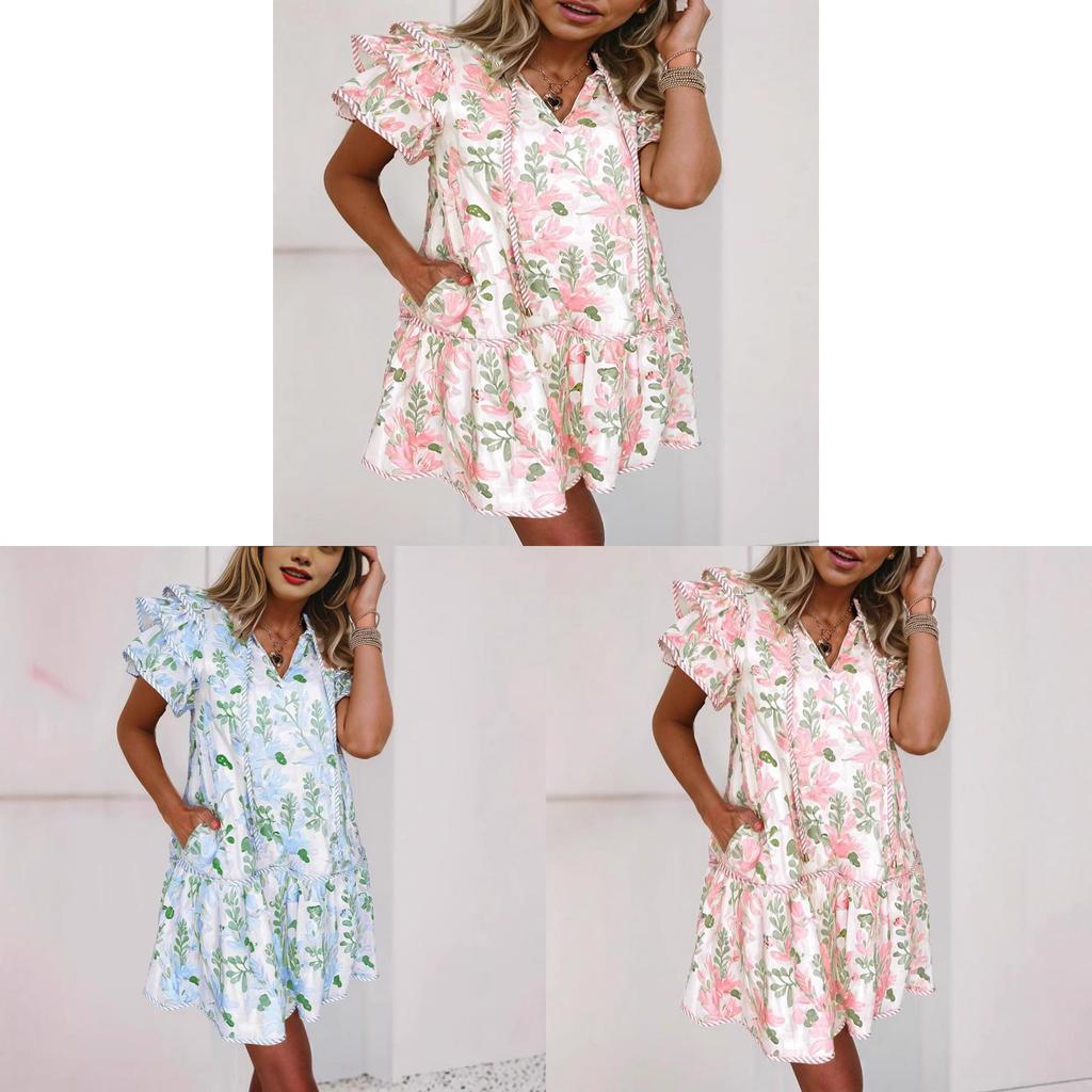 Floral Colorblock V Neck Pocket Dress With Short Sleeves For Spring 2025