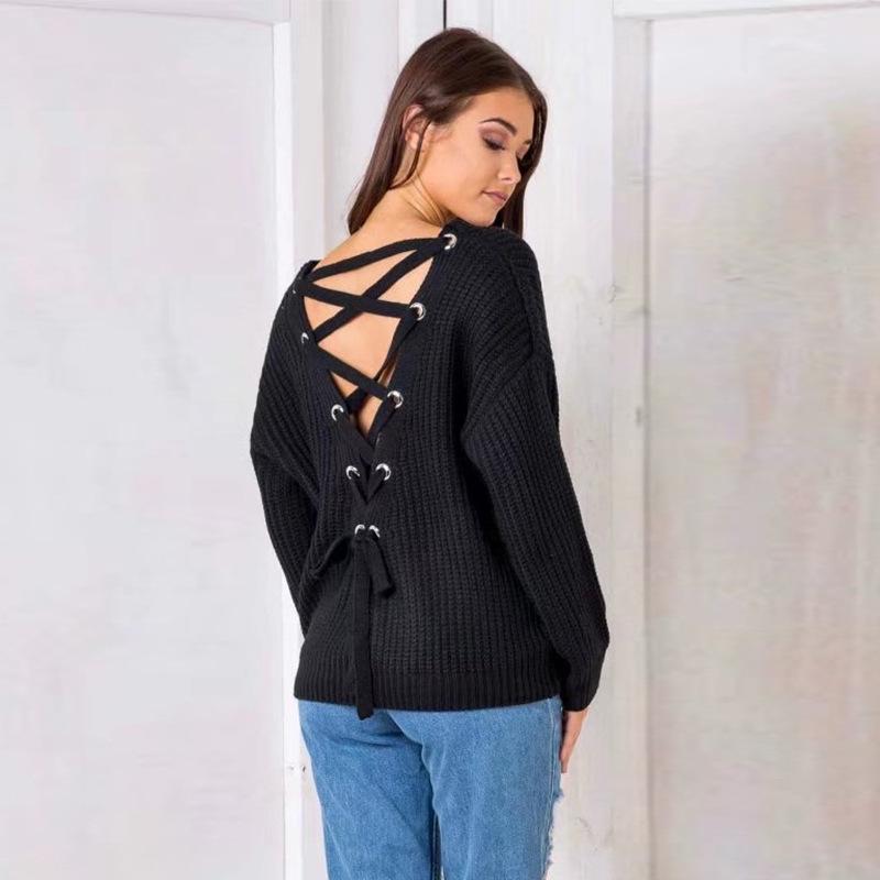 European Style V-neck Crossover Open Back Knitwear Sweater - Solid Color Women's Pullover Outerwear Base Layer