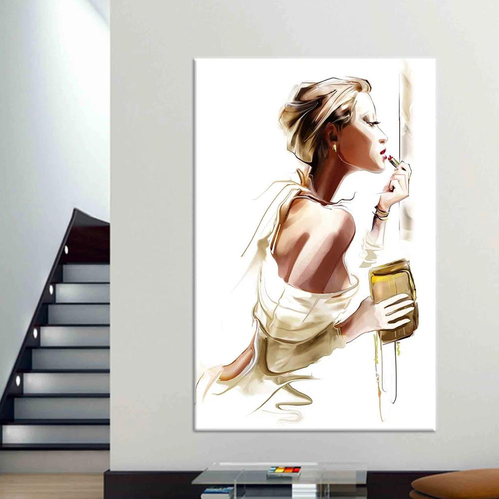 Minimalist Kadın için Ruj Uygulanan Tuval Boyama Sanat Görüntüsü ile Modern Moda Duvar Posterleri Baskılar Oturma Odası Yatak Odası Ev Duvar Dekorasyonu için