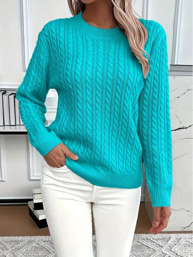 Women's Solid Color Cable Knit Crew Neck Sweater for Autumn/Winter 2025