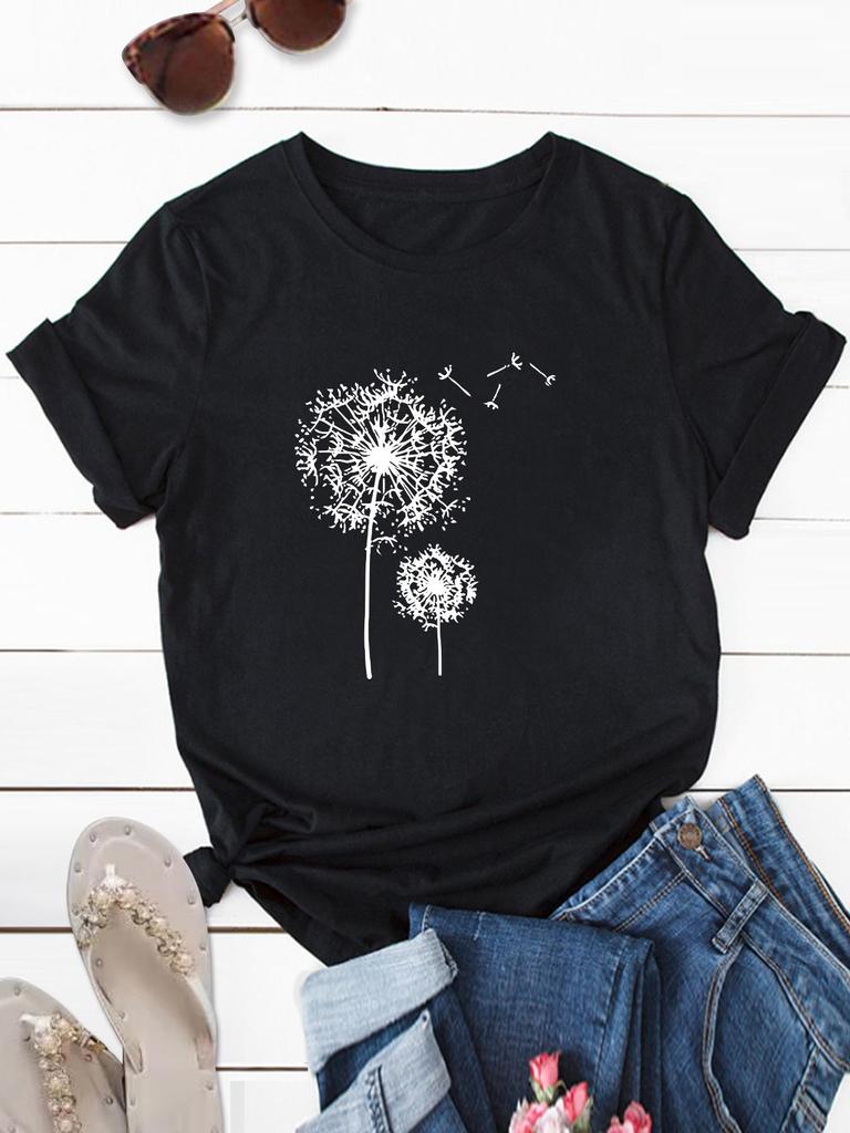 European and American Summer Women's Dandelion Print Round Neck Short-Sleeve Casual T-Shirt