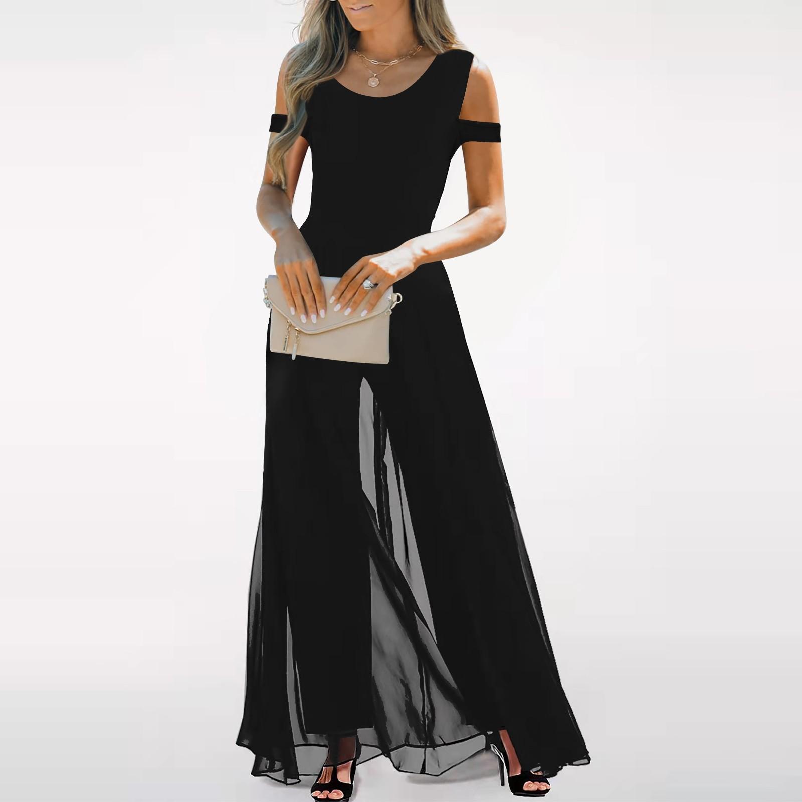 

(Куниде) Женский повседневный шифоновый комбинезон без рукавов с высокой талией и круглым вырезом, свободный комбинезон, длинные брюки L чёрный