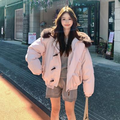 Retro Big Fur Collar Hooded Cotton Clothes Women's Winter Coat New Horn Buckle Thickened Cotton-padded Clothes