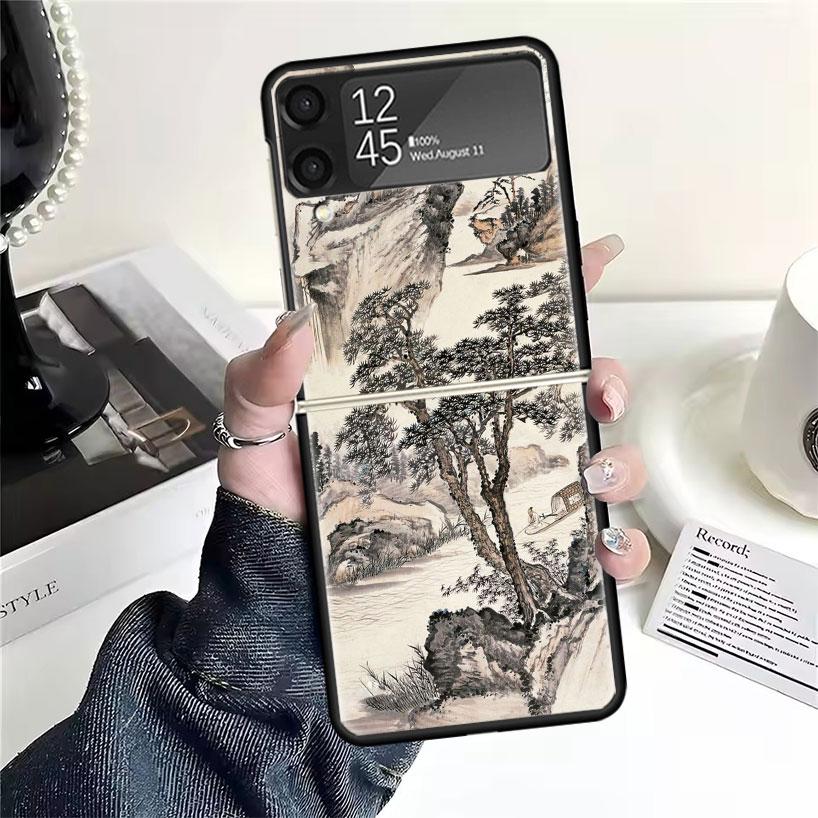 Chinese Style ink Painting Art Cases For Samsung Galaxy Z Flip 4 5 6 7 3 Z Flip7 Flip6 Flip4 Flip5 Flip3 5G Hard Shockproof Fund