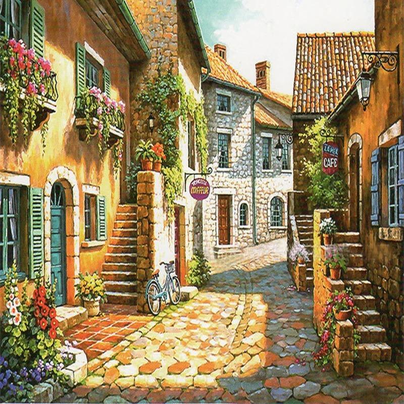 Pastorale Stadt Fototapete Vintage Haus Straße Blume Wandbild für Wohnzimmer Tv Sofa Hintergrund Tapeten