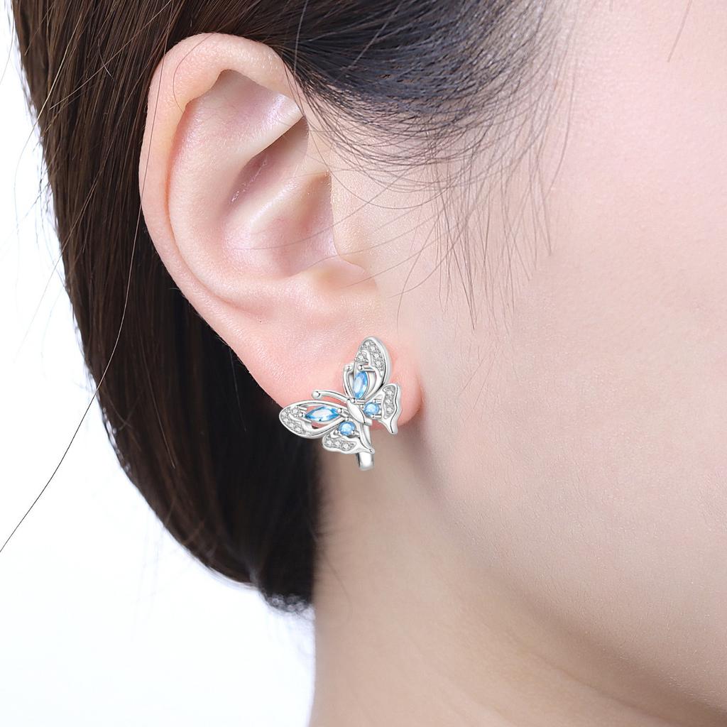S925 Sterling Silver Blue Hollow Butterfly Earrings Hoop Earrings Women Jewelry Original Trendy Anniversary Gifts