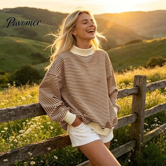 Sporty Workout Tops Women Mock Neck Striped Sweatshirt, Oversized Long Sleeve Pullover Top for Fall, Casual Half Turtleneck Shirt with Ribbed Cuffs