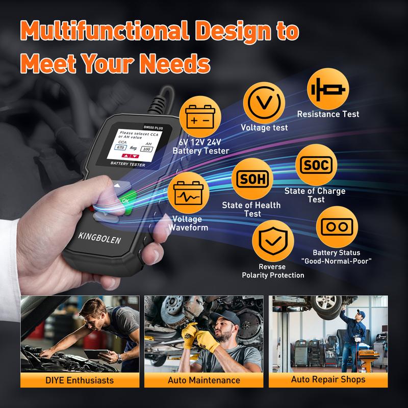 KINGBOLEN BM550 PLUS Tester autobaterií 6V 12V 24V LED displej 100-2000 CCA 2-200Ah Tester alternátoru automobilu Digitální baterie