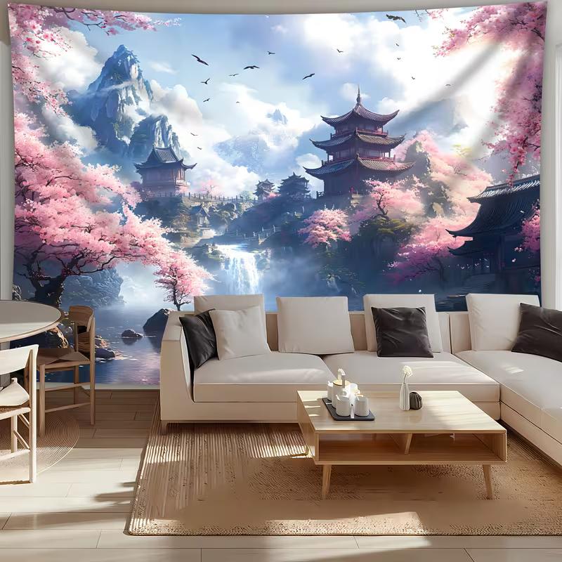 2D Japanese Waterfall Tapestry Cherry Blossoms and Ancient Temple Wall Hanging