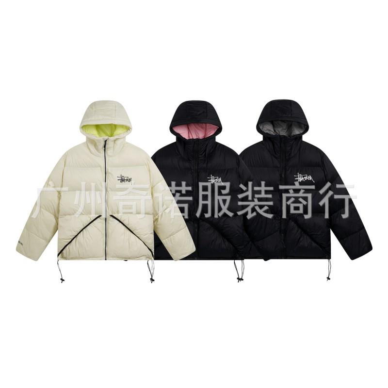 Unisex Kapuzen-Pufferjacke Baumwollfüllung Warmer Wintermantel Lockere Passform Reißverschluss vorne Bestickt Einfarbige